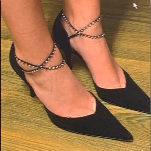 Stuart Weitzman Black Rhinestone Ankle Strap Heels
